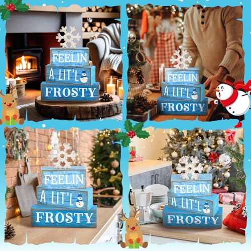 Yuntau 4 Pcs Winter Wooden Tabletop Decor Christmas Snowflake Tiered Tray Decor Rustic Wood Block Sign Gift Winter Centerpiece for Shelf Office Farmhouse Table Frozen Birthday Party Decoration - style: Snowflake