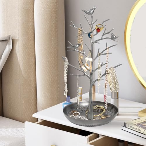 ChezMax Jewelry Display Necklace Earring Organizer Holder Metal Birds Tree Stand with Tray Antique Bracelet Rings Rack Tower Decoration for Women Girl silver 11.8 Inch - color: B-Metal silver