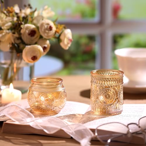 DARJEN 24Pcs Gold Votive Candle Holders - Glass Candle Holder Bulk for Table Centerpiece, Tea Lights Candle Holders for Home, Christmas Party & Wedding Shower - color: Gold