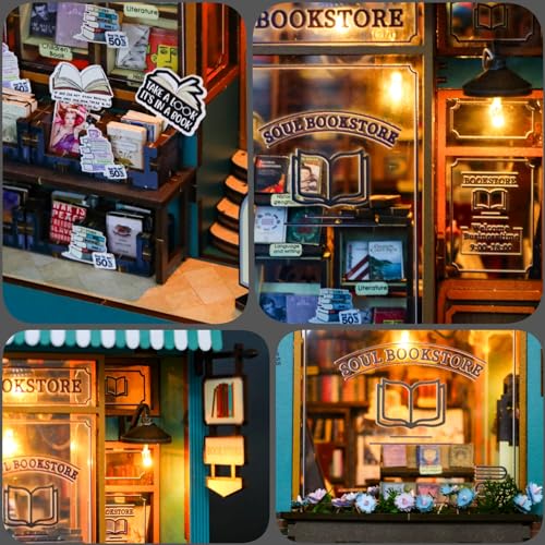 MEINESQIS Book Nook DIY Miniatures Book Nook Kit Store 3D Creative Decorative Bookend Bookshelf Insert Wooden Puzzle with Led Suitable for Teenagers Adults Halloween Christmas Decoration Gifts, Blue