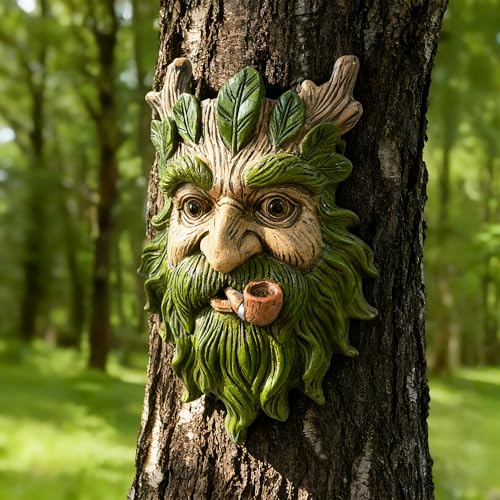 Teaeeno Whimsical Tree Face Garden Decoration, 11.8 in Tree Faces Decor Outdoor Wallmounted Statue Art with Leaf Features, Outdoor Decor Garden Accessory (Nature and Outdoors) - color: Clear