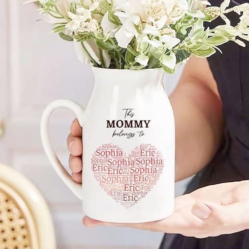 Personalized Mommy Heart Vase - Custom This Mommy Belongs to Flower Vase with Heart Word Cloud of Kids Names, Unique Gift for Mom, Nana, Gigi, Mother's Day, Birthday - color: Style 02