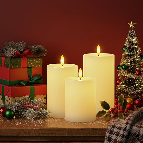 Homemory White Flameless Candles Φ 3" H456 Battery Operated with Remote Timer, Real Wax LED Pillar Candle for Home Fireplace Bedroom Living Room, Set of 3 - color: D3"xH4"5"6"-White
