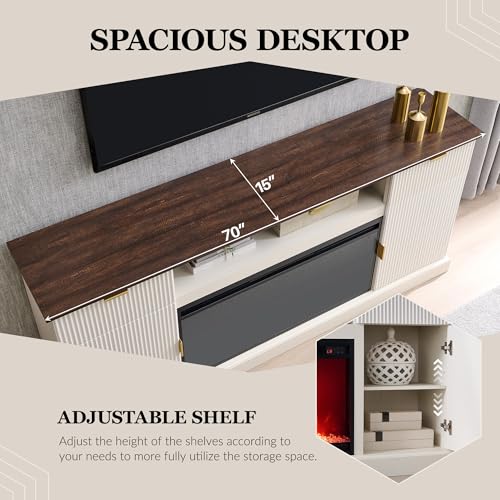 IFGET Fluted Fireplace TV Stand for TVs Up to 80 inch, Modern Entertainment Center with 36" Electric Fireplace, Wood Media Console w/Drawers and Adjustable Shelves for Living Room, Antique White - color: Antique White