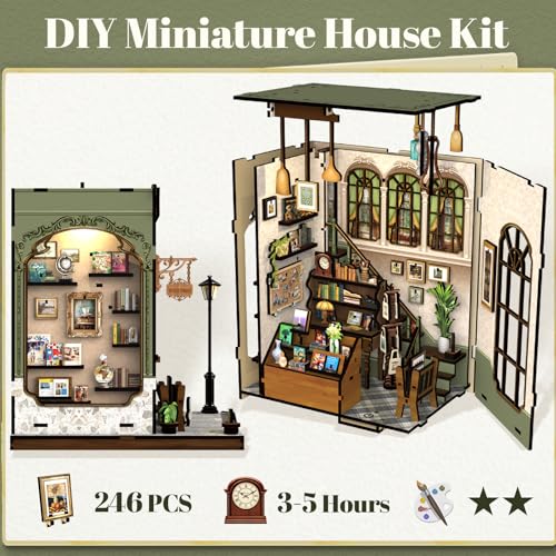 Fsolis Book Nook Kit – Booknook 3D Wooden Puzzles for Adults DIY Miniature Kit Tiny House Gifts for Book Lovers Women（Gallery Bookstore） - style: Gallery Bookstore