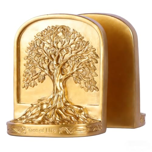 Tree of Life Bookends, Gold Resin Decorative Bookends for Shelves, Antique Style Book Ends Vintage Rustic Bookend, Heavy Bookends for Large Books, Sturdy Bookend Gift for Men Home Office - color: Gold