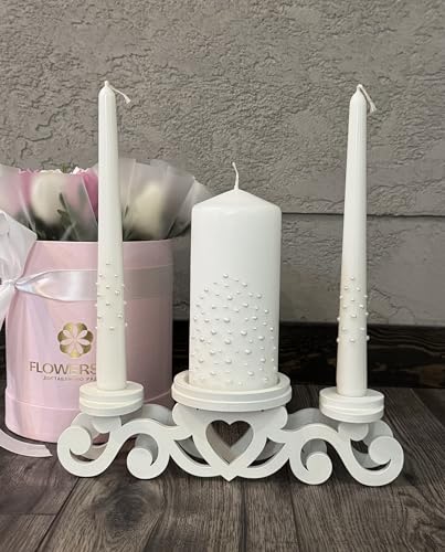 Unity Candle Set - Wedding Ceremony & Reception – 6” Pillar & Two 10” Taper Candles – Long Burning Unity Candles for Marriage Ritual – Handmade in USA – White| Pearls