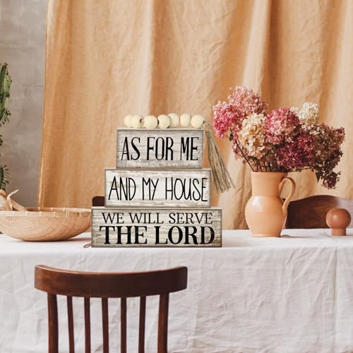 Yuntau 4 Pcs Farmhouse Christian Decor Farmhouse Bible Verse Tiered Tray Decor Rustic Retro Wood Bead Garland As for Me and My House We Will Serve The Lord Block Jesus Sign for Home Shelf Mantel - style: Bible Verse