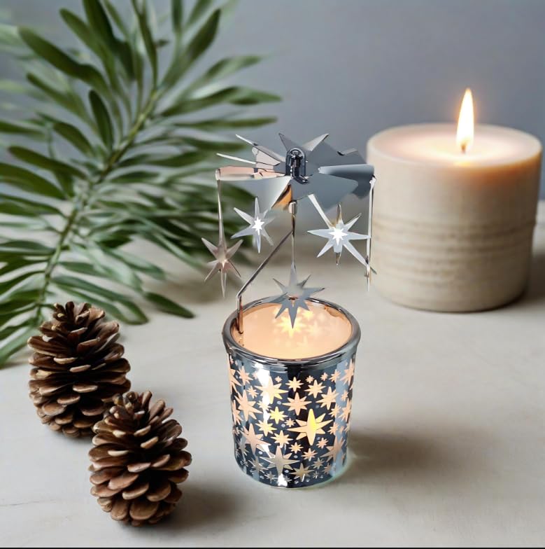Carousel totary Candle Holder Spinning irthday Gifts for Women, Mom, Wife, Girlfriend, Sister, Her, Metal Windmill Tea Light for Female Friends (Silver Star) - color: Silver Star