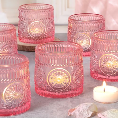 6Pcs Large Votive Candle Holders Pink Glass Tealight Candle Holders for Wedding, Table Centerpiece, Party, Birthday, Home Decor - color: Pink