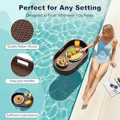 Devoko Floating Pool Tray Large PE Rattan Pool Serving Bar, Luxury Pool Floating Table with Handles for Pool Party, Hot Tub & Beach (Brown) - color: Brown, size: Medium