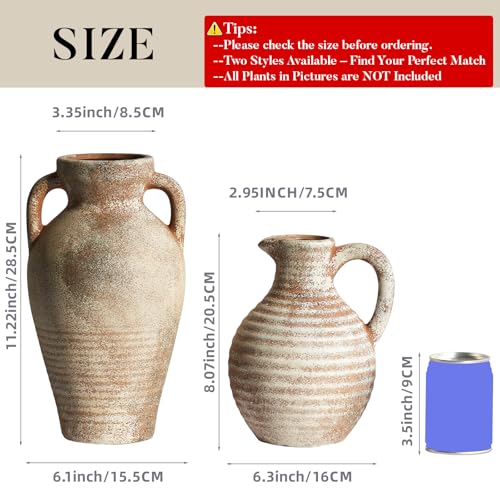 Ceramic Flower Vase Rustic Terracotta Vase with Handles Neutral Clay Pitcher Antique Vase for Home Decor,8 Inch Farmhouse Boho Vases for Living Room,Dining Table,Enterway,Shelf,Fireplace - size: 8''
