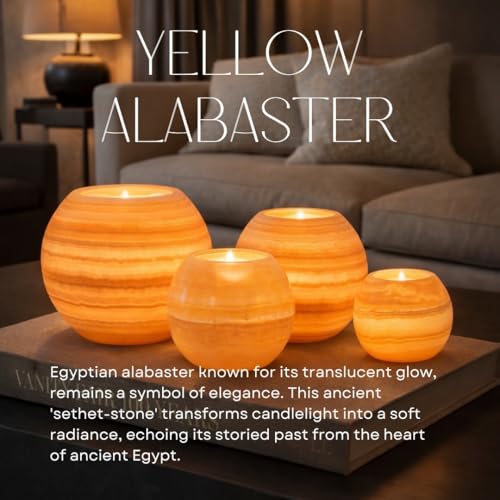 CraftsOfEgypt Single Alabaster Candle Holder - Egyptian Tealight and Votive Candles Holders with Amber Glow for Home Décor Natural Stone Soothing Tranquil Aurora - size: Large