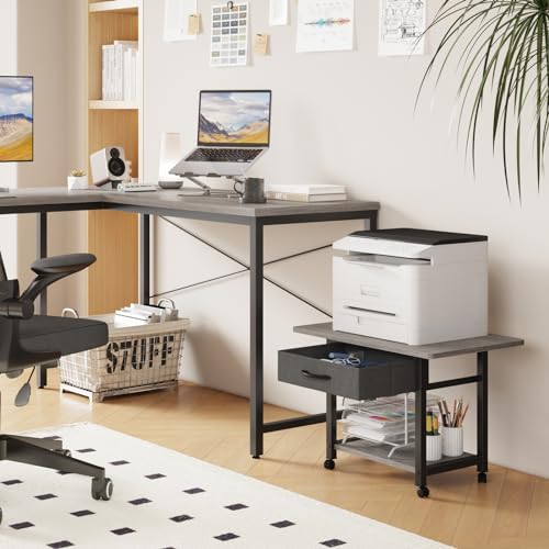 YAOHUOO 22"x15" Large Printer Stand with Storage Drawer, 2-Tier Under Desk Printer Table for Home Office, Printer Cart fit Fax Machine/3D Printer/Scanner(Gray) - color: Gray, size: 2-Tier