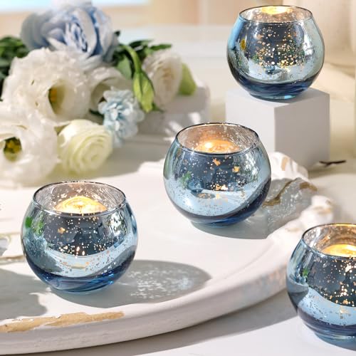 Volens Round Blue Votive Candle Holders Set of 12, Blue Wedding Centerpiece Table Decorations, Mercury Glass Tealight Candle Holder for Bridal Shower, Baby Shower & Home Decor - color: Blue