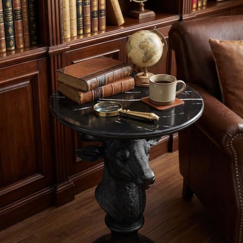 Modern Accent Table with Black Deer Sculpture Base, Minimalist Faux Marble End Table for Living Room Reception Area & Bedroom, 19.69 Inches Wide × 25.59 Inches High - style: black deer