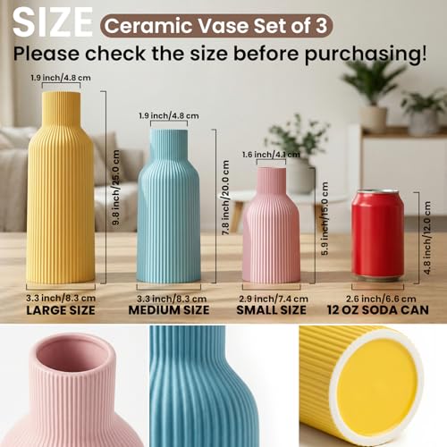 Colorful Ceramic Vases Set of 3 (Pink, Blue, Yellow) - Modern Matte Ribbed Color-Block Vases for Dried Flowers - Scandi Boho Decor Centerpieces for Living Room & Shelf - color: Pink/Blue/Yellow
