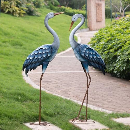 Kircust Outdoor Blue Heron Statues Metal Garden Crane Sculptures, Bird Yard Art Large 47-48 Inch, Set of 2, for Pond & Lawn Garden Decor, Gifts for Women, Men, Friends - color: Blue