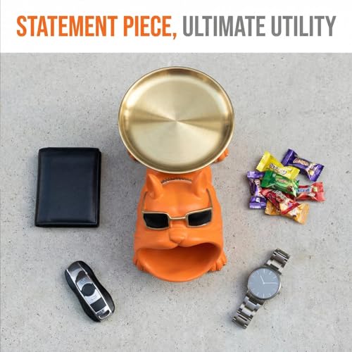 French Bulldog Tray Sculpture – Multifunctional key tray and candy bowl, resin bulldog statue, suitable for entryway tables, office desks, living room use, home decor gift. (orange)