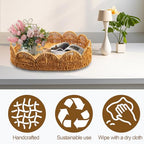 Elliptical Rattan Scalloped Tray, Woven Basket Tray with Bulit-in Handles Scalloped Edges Serving Tray for Coffee Table Living Room Home Decor 14.2" L x 10.9" W x 3.4" H
