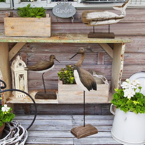 Wood Bird Statue Nautical Decor Decorative Sea Birds Sculpture Wooden Tabletop Figurine Coastal Ocean Beach Themed Decoration for Home Yard Bathroom Living Room (6.7" + 12.4" H) - color: 6.7" + 12.4" H