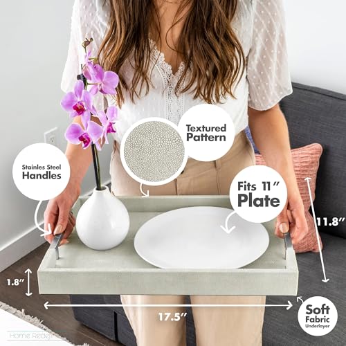Modern Elegant 17.5"x12" Rectangle Natural Ivory Beige Faux Leather Shagreen Decorative Tray Ottoman Coffee Table Perfume Vanity Kitchen Serving Tray with Silver Metal Handles by Home Redefined. - color: Natural/Silver