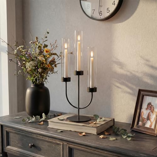 Sziqiqi Black Candelabra Candle Holder: 3 Arm Candlesticks Holder Decor with Glass Hurricane for Dining Table Centerpiece - Metal Candelabra for Halloween Outdoor Dinner Fireplace - color: Black