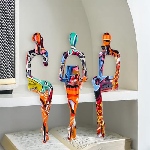 3-Piece Graffiti Abstract Women Thinker Sculptures, Colorful Resin Modern Art Figurines for Home Living Room Office Shelf Table Desk Bookshelf Decor - color: Graffiti B
