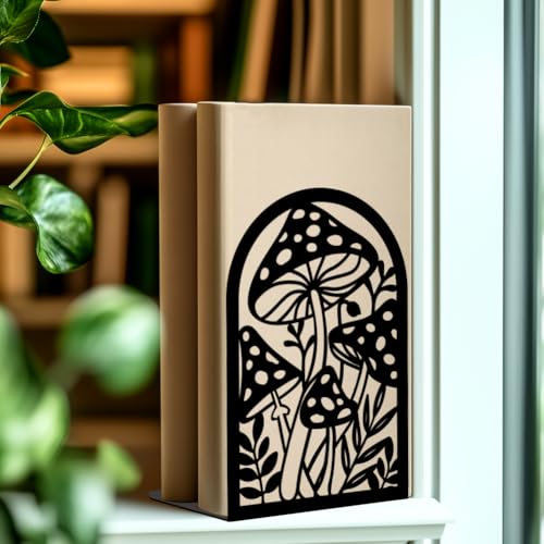 Mushroom Book Ends Design, Metal Bookends for Decorative Books, Heavy Duty Bookends for Shelves, 3.5"x4.7"x7.1" Book Stopper for Home Office School Bookshelf Decor - style: Mushroom