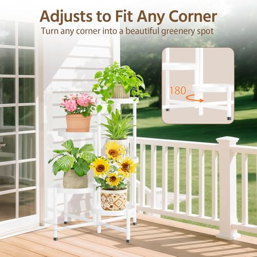 LASZOLA 5 Tiered Folding Plant Stand Indoor for Multiple Large Planter, Tall Heavy Duty Adjustable Rack with Rust Proof 10 Inch Wide Tray, Sturdy Vertical Tree Organizer for Narrow Inside Floor, White - color: Snow White, size: 5 Tier