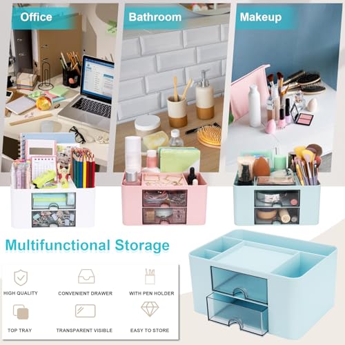 Meiikun Plastic Pen Organizer, Multifunctional Desk Organizer with 2 Drawers, 4 Compartments & a Top Tray, Pencil Holder Desktop Organizers and Accessories for Office, 7.7" x 5.5" x 3.9" (Blue) - color: 5 Compartments + 2 Drawer (Blue)