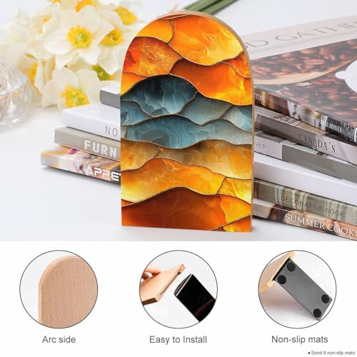 Abstract Tortoise Shell Pattern Wooden Bookends Shelves 2 PCS Stained Glass Sturdy Book Holders Desktop Organizer for Home Office Libraries - color: Color-1