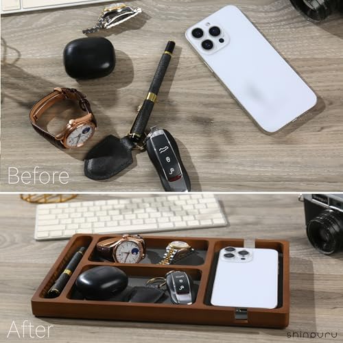 Shinpuru Wooden Valet Tray for Men, Nightstand Organizer with Leather Inlay, EDC Essentials Catchall Tray for Keys, Phone, Wallet, Watch, Earbuds - Bedside Desk Entryway Tray (Wood-Pen) - color: Brown-P