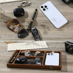 Shinpuru Wooden Valet Tray for Men, Nightstand Organizer with Leather Inlay, EDC Essentials Catchall Tray for Keys, Phone, Wallet, Watch, Earbuds - Bedside Desk Entryway Tray (Wood-Pen) - color: Brown-P