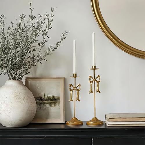Bow Taper Candle Holders, Set of 2 Candle Stick Holders Set, Modern Decorative Centerpiece for Table Mantel Wedding Housewarming Gift (Vintage Gold) - color: Vintage Gold
