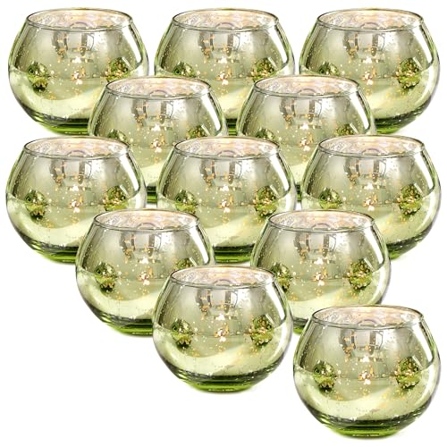 LAMORGIFT 12 Pcs Green Candle Holder for Wedding Decor- Sage Green Mercury Glass Votives for Bridal Shower, Tea Party Table Centerpieces, Vintage Rustic Wedding - color: Green