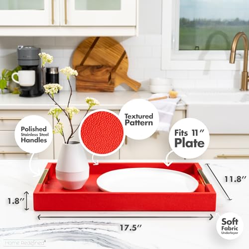 Modern Elegant 17.5"x12" Rectangle Red Shagreen Faux Leather Decorative Tray Ottoman Coffee Table Perfume Living Room Kitchen Serving Tray with Gold Polished Metal Handles by Home Redefined - color: Red/Gold