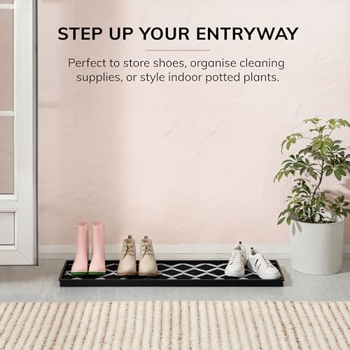 Anji Mountain Rubber Boot/Shoe Tray with Coir, Fits 4 Pair (46.5" Wide), Black and Ivory Diamond Insert - color: Black and Ivory Diamond Insert, size: 46" x 14" x 1.5"