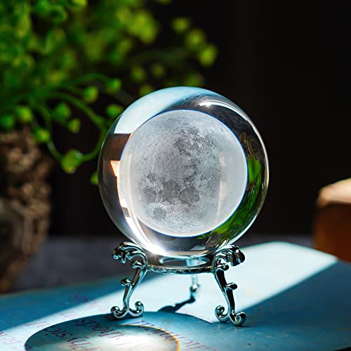 H&D HYALINE & DORA 70mm (2.75 Inch) 3D Laser Moon Crystal Glass Ball Paperweight with Metal Stand Home Decoration Collectible Gift - color: 70mm Moon