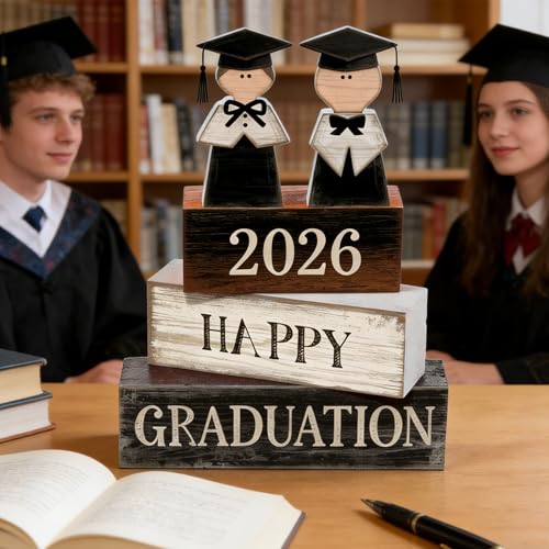 2026 Graduation Table Decorations Class of 2026 Senior Tiered Tray Decor Wooden Block Signs Farmhouse Congrats Grad Tabletop Party Centerpiece for Tables Wooden Sign for Home Decor - style: graduate