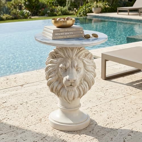 White Lion Head Sculptural Side Table with Faux Marble Top, 19.68" Round Resin Animal End Table, 25.59" H Majestic Accent Table for Living Room & Entryway, Regal Housewarming Gift - color: White Lion