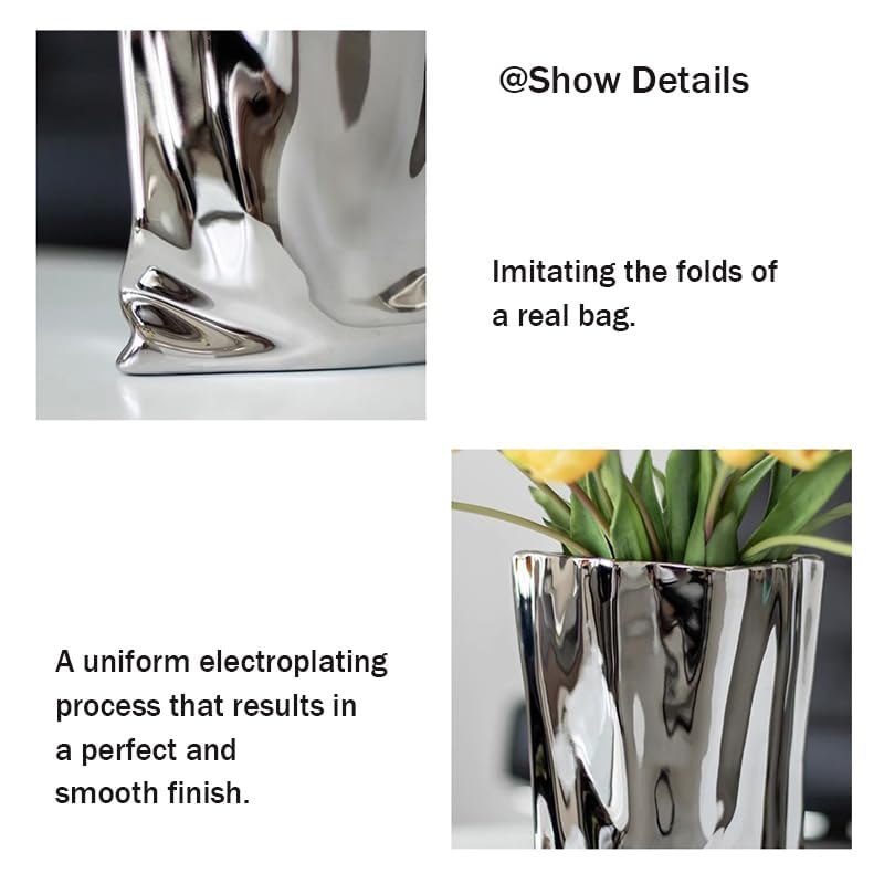 Ceramic Silver Flower Vase, Crinkle Paper Shape, Metal Decorative Home Accent (Large) - size: Large