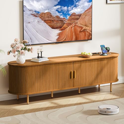 DHH 70.8 Inch Mid Century Modern TV Stand with Power Outlet for TVs up to 80 Inch, Entertainment Center with Storage and Adjustable Shelves, Media Console with Sliding Doors for Living Room(Yellow) - color: Yellow Walnut, size: 71 Inch