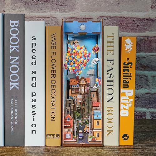 Tonecheer DIY Book Nook Kit for Adults,3D Wooden Puzzle Bookend Bookshelf Insert Library Decor, Booknook Miniature House Kit with Body Motion Sensor LED Light (Travel with The Wind)