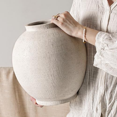 White Ceramic Vase - Large 12.5 Inch Round Floor Vase for Centerpieces, Farmhouse Flower Vases, Rustic Minimalist Home Decor (Sandstone White) - color: Sandstone White, size: 12.5 inch