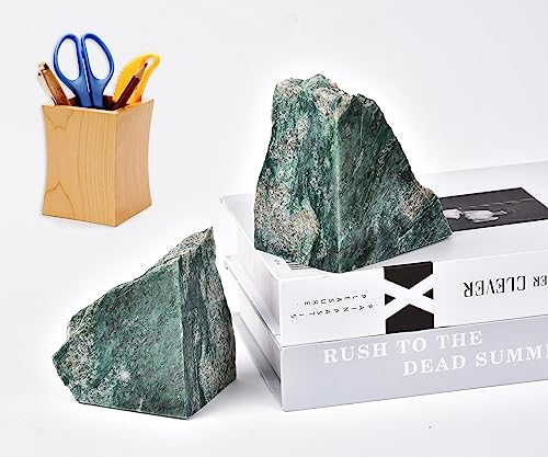 AMOYSTONE Decorative Bookends | Minimalist Green Mica Stone BookEnds 3-4LBS | Office Shelf Stabilizer | Eco-Friendly Stone - color: Green, size: 3-4 Pounds