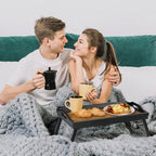 Tray Table for Bed, Bamboo Breakfast Serving Tray with Folding Legs and Handles, Laptop and Snack Bed Table with Cross Bar & Media Slot, Dark Brown with Black Legs, for Bedroom, Sofa, Kitchen - style: 1 pack（Dark brown with black legs）