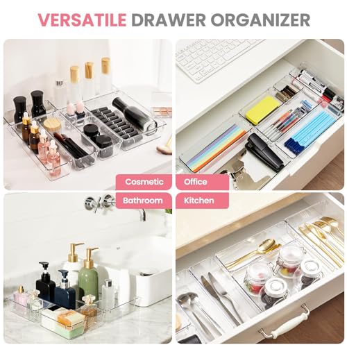 HOUSE DAY Makeup Drawer Organizer Trays 24 PCS, 4-Size Clear Drawer Organizers with Silicone Pads, Vanity Organizers and Storage, Non Slip Plastic Drawer Organizer for Desk, Bathroom, Kitchen, Office - size: 24 Pcs