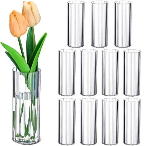 12 Pcs Plastic Small Cylinder Vases for Centerpieces Wedding Decoration, Clear Ribbed Bud Flower Vases Bulk for Wedding Bridal Shower Birthday Living Room Table Decor (5.5 Inch,Cylinder) - size: 5.5 Inch