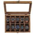 SONGMICS 10-Slot Watch Box, Watch Display Case with Large Glass Lid, Removable Watch Pillows, Velvet Lining, Gift Idea, Rustic Walnut UJOW100K01 - color: Rustic Walnut, size: 1 Layer 10 Slot